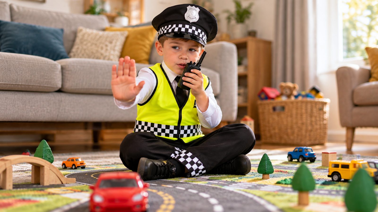 Boy in the MorphCostumes Kids UK Police Officer Costume sitting on a living-room floor beside a play-mat road, holding up a hand to stop a toy car, wearing a chequered cap band, a high-vis vest, and trousers with chequered cuffs