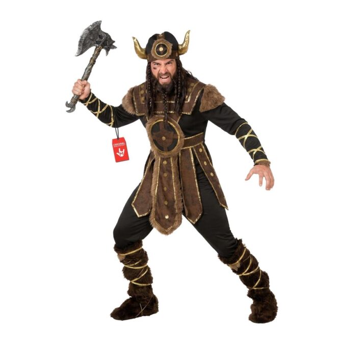 Man wearing the MorphCostumes Men's Viking Costume, a black bodysuit with attached brown armour panels, gold criss-cross arm ties, fur boot covers, and a soft helmet with two curved gold horns