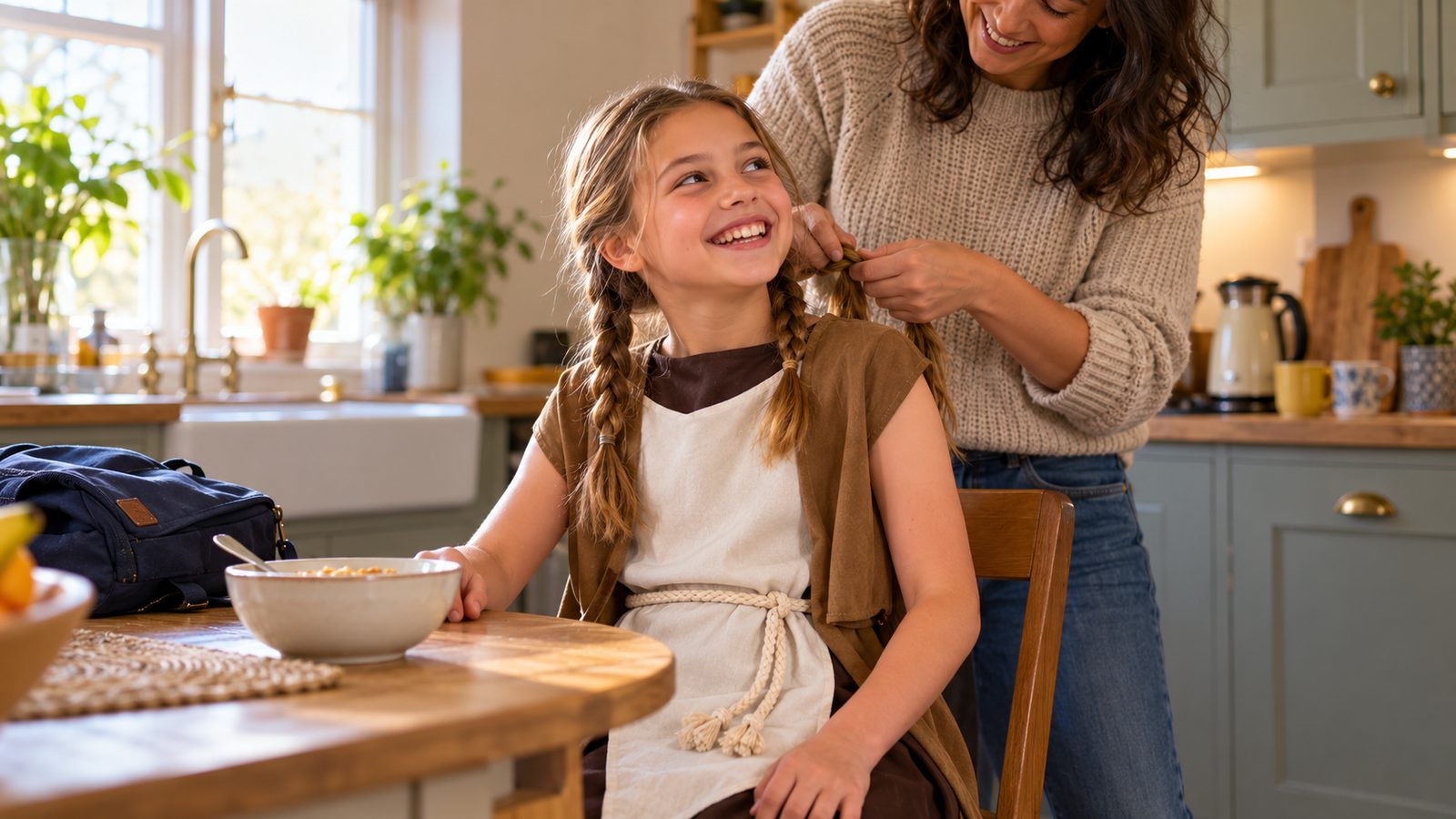 A parent plaiting a girl's hair at a kitchen table on a school morning, the girl wearing the MorphCostumes Girls Viking Costume, a dark brown dress with a long cream overdress, a tan-brown robe, and a cream rope belt