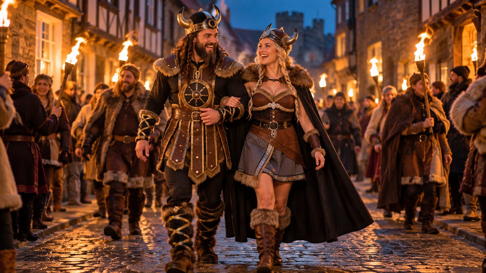 A couple in Viking costumes walking among a crowd in a torchlit evening street procession, the man in a black bodysuit with brown armour panels and a horned helmet, the woman in a floor-length black cloak with a fur collar