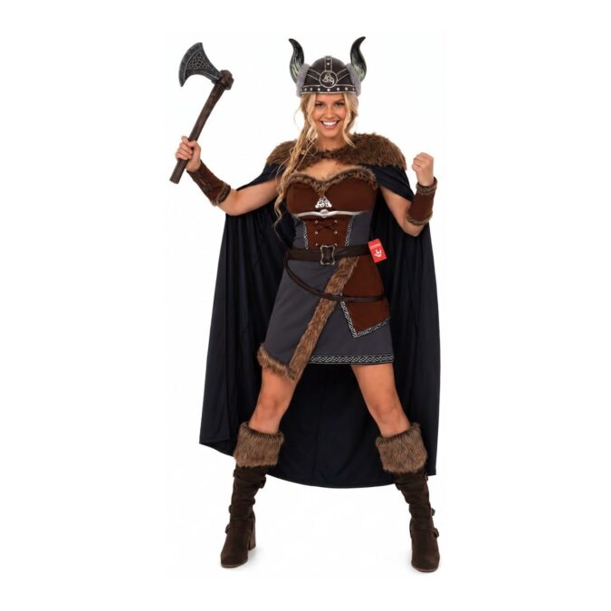 Woman wearing the MorphCostumes Women's Cloaked Viking Costume, a brown fur-trimmed bodice over a grey dress with silver braid trim, a floor-length black cloak with a fur collar, brown wrist guards, and a dark horned half helmet