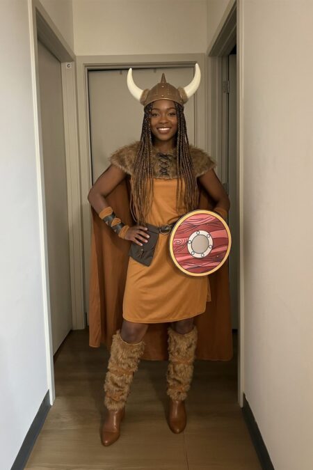 Woman wearing the MorphCostumes Women's Viking Warrior Costume, a mustard dress with a fur collar and a long brown cape, a brown horned helmet, a round red-streaked shield, an arm cuff, and shaggy fur leg warmers