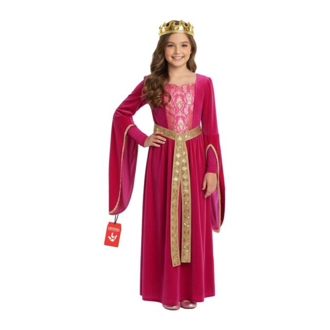 Girl wearing the MorphCostumes Girls Medieval Princess Costume, a long deep-pink velour gown with long bell sleeves, a pink and gold embroidered panel down the front, a gold belt, and a gold crown