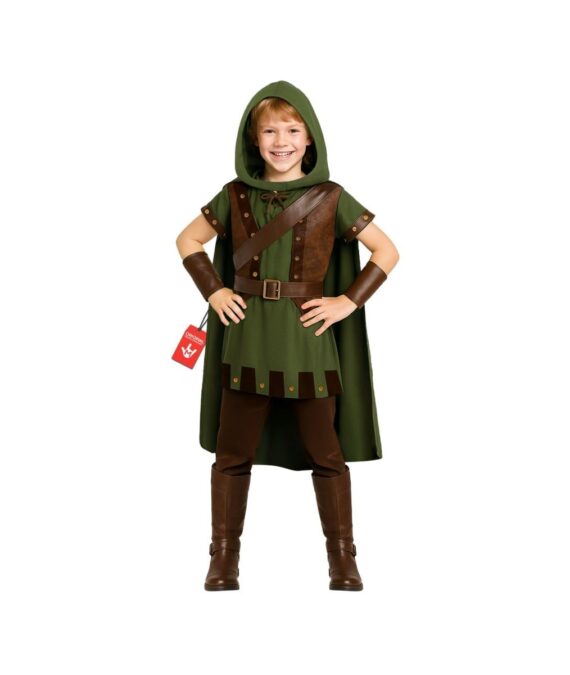Child wearing the MorphCostumes Kids Robin Hood Costume, an olive-green tunic with a studded brown hem, a long olive-green hooded cape, a brown crossbody strap, a brown belt, and brown arm guards