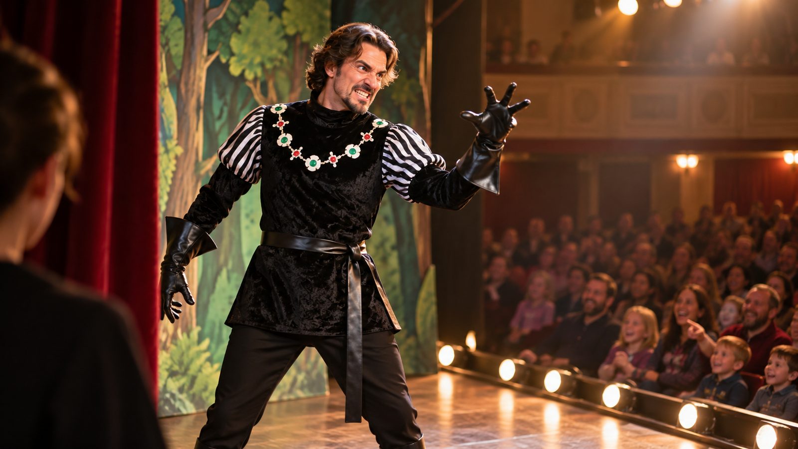 View from the side of a community theatre stage of a man in the MorphCostumes Men's Sheriff of Nottingham Costume, a black velvet tunic with a jewelled chain collar and striped puffed sleeves, playing to a laughing family audience