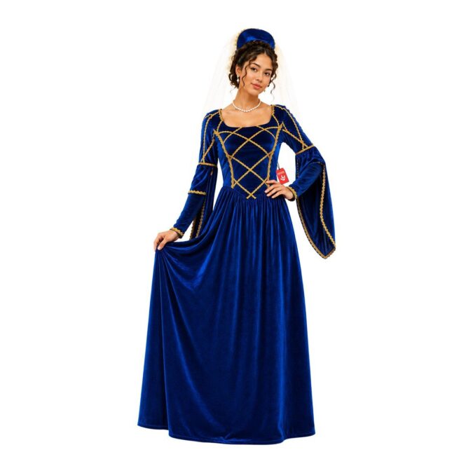 Woman wearing the MorphCostumes Women's Tudor Lady Royal Costume, a floor-length deep blue velvet-look gown with a gold lattice-trimmed bodice and long trumpet sleeves, and a blue headpiece with a sheer veil