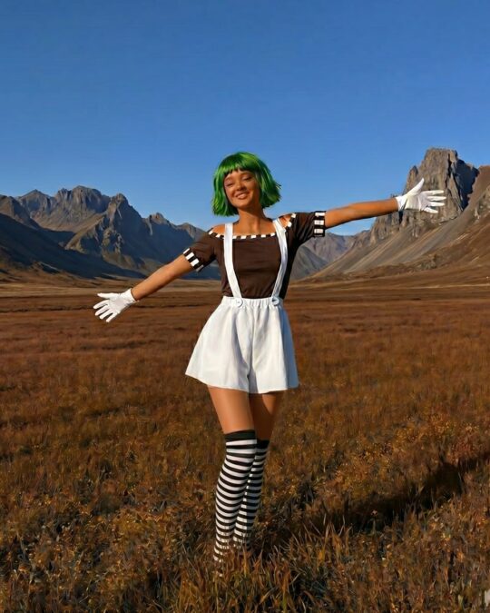 Women's Factory Worker Skirt Costume with Wig worn by a model, lifestyle photo
