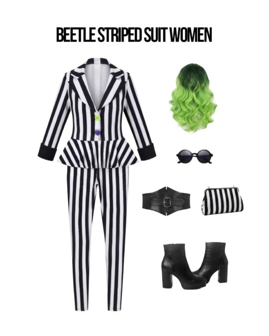 Women's 80s Striped Suit Ghost Costume flat lay showing every piece in the pack