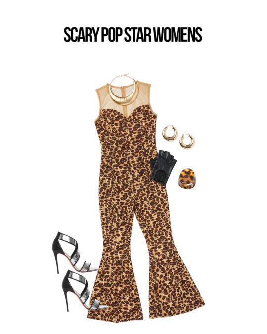 Women's Scary Pop Star Costume flat lay showing every piece in the pack