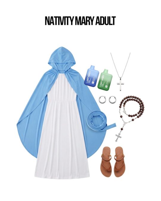 Women's Mary Nativity Costume flat lay showing every piece in the pack