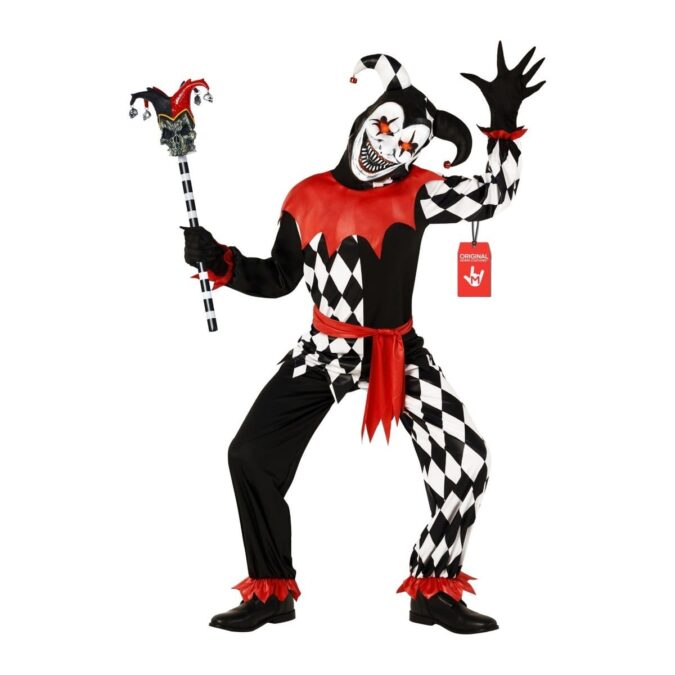 Boys Light-Up Scary Jester Costume from MorphCostumes, a black and white diamond print outfit with red collar and sash, belled hat and a light-up mask with red eyes