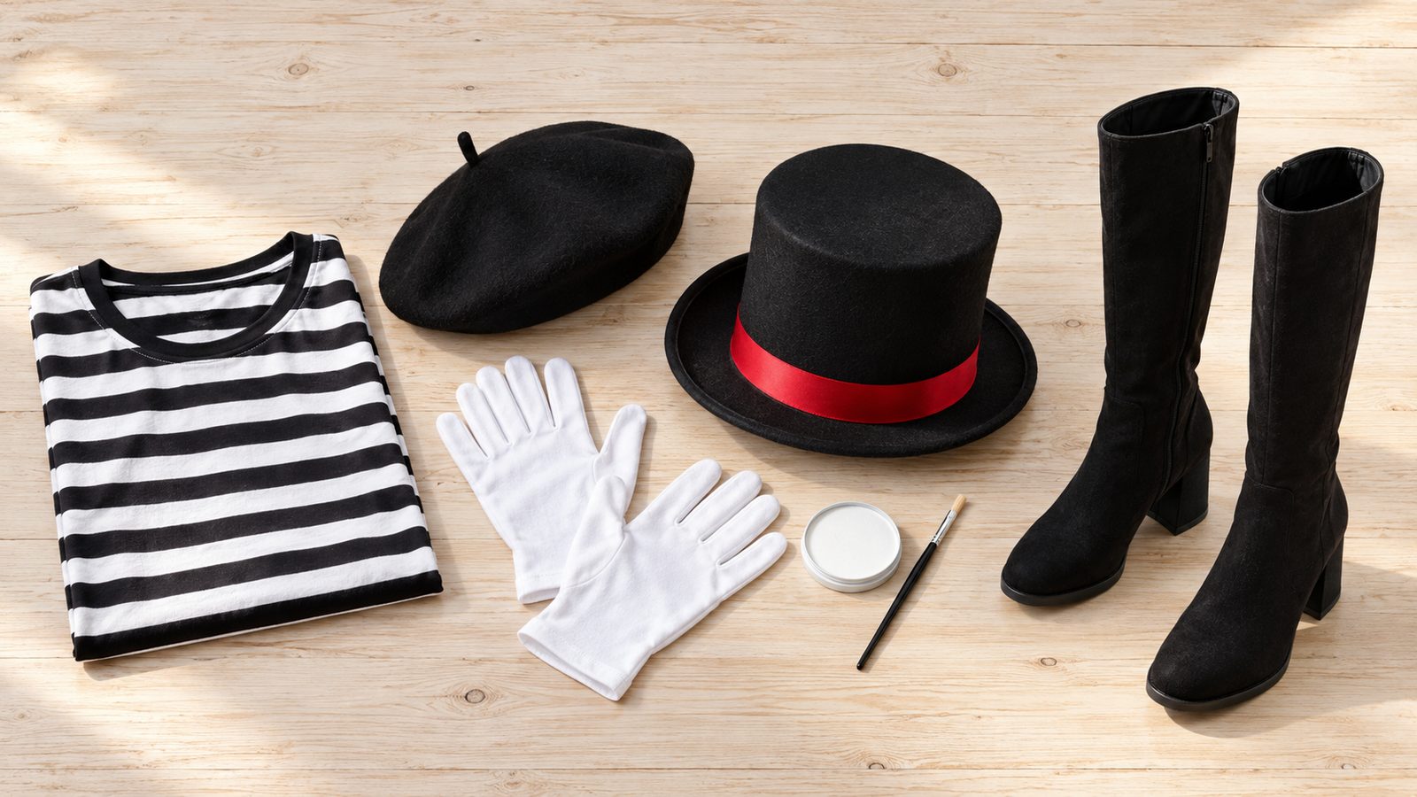 Flat lay of the extras that finish a circus outfit: black boots, white gloves, a black beret, and a white face-paint palette beside a folded striped top