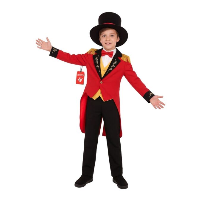Kids Ringmaster Costume from MorphCostumes, a red tailcoat with gold fringed epaulettes, yellow waistcoat, red bow tie, black trousers and top hat