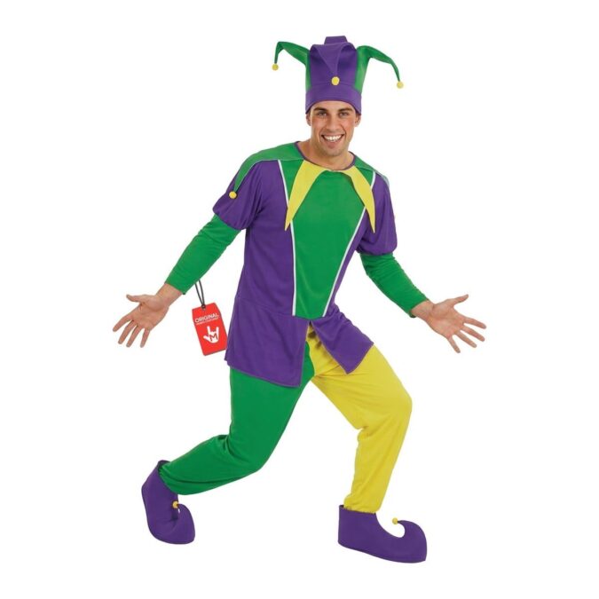 Men's Jester Costume from MorphCostumes, a purple, green and yellow patchwork top and trousers with a belled jester hat and curled shoe covers