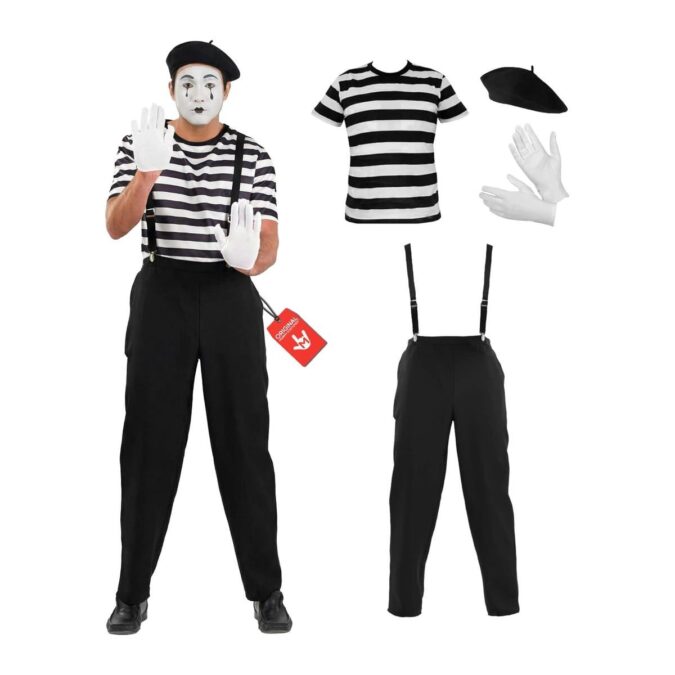 Men's Mime Costume from MorphCostumes, a striped t-shirt, black trousers with braces, white gloves and a black beret