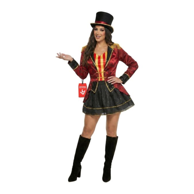 Women's Dazzling Ringmaster Costume from MorphCostumes, a red jacket with gold fringed epaulettes, red and gold striped top, black sparkly skirt and top hat