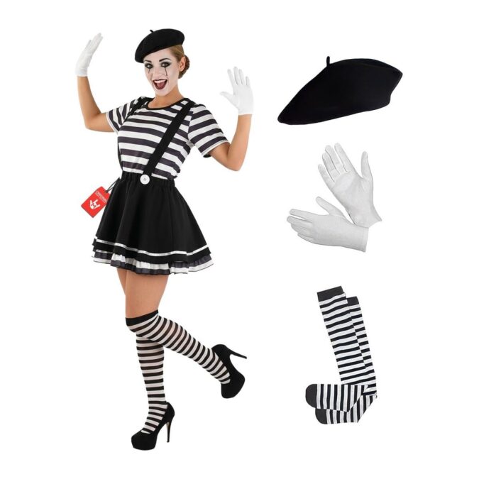 Women's Mime Costume from MorphCostumes, a striped top, black ruffled skirt with braces, striped knee-high socks, white gloves and a black beret