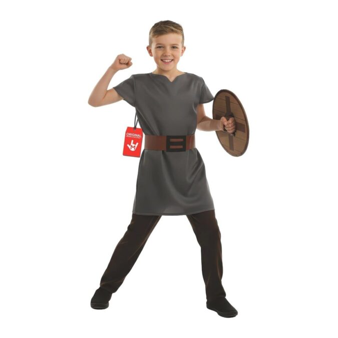 Boy wearing the MorphCostumes Boys Anglo Saxon Costume, a grey short-sleeve tunic with a brown belt and brown trousers, holding a round wooden shield