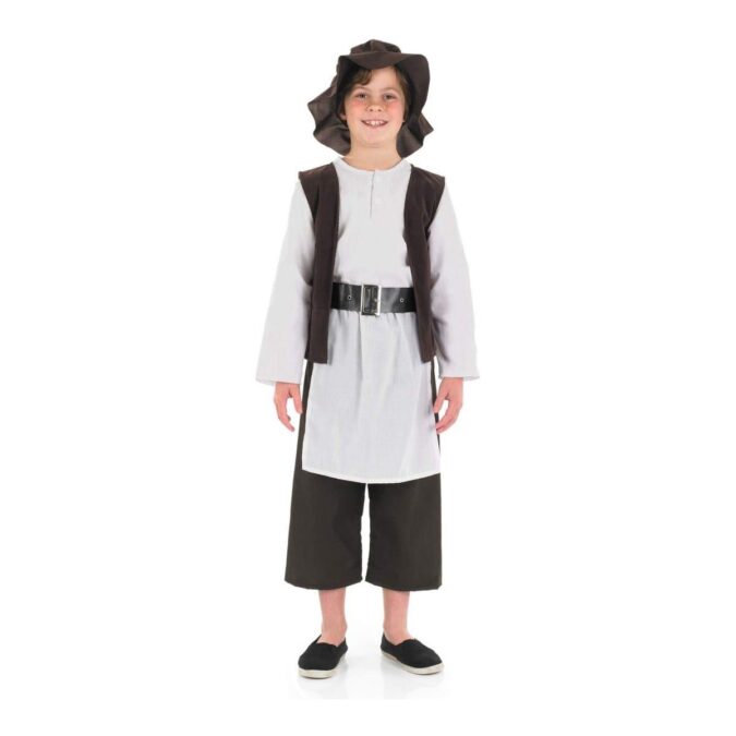 Boy wearing the MorphCostumes Boys Deluxe Tudor Costume, a white shirt with brown waistcoat, black belt, brown trousers with white apron, and a brown hat