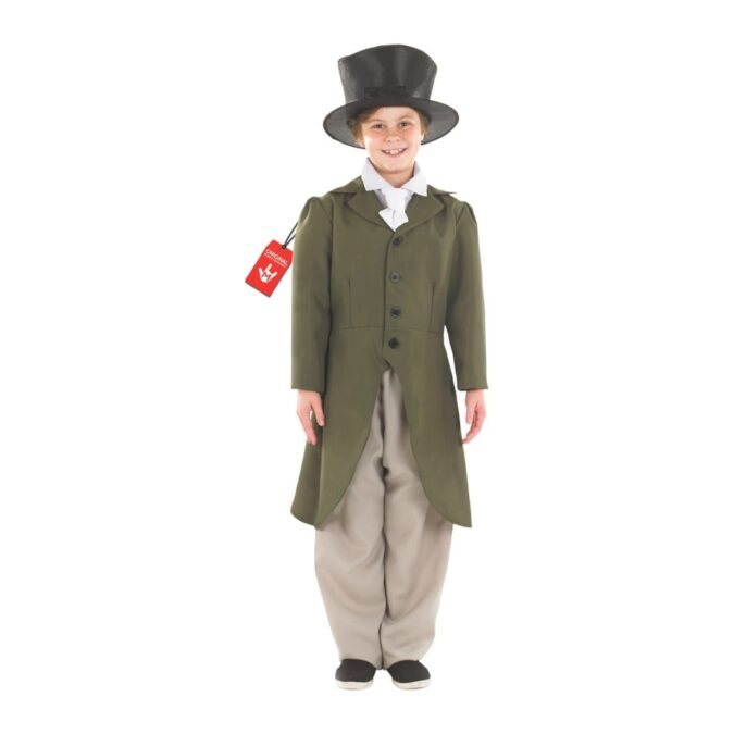 Boy wearing the MorphCostumes Boys Regency Victorian Gentleman Costume, a green tailcoat jacket, grey trousers, white neck tie, and black top hat