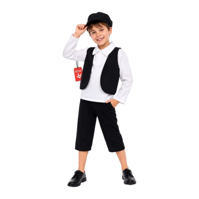 Boy wearing the MorphCostumes Boys Victorian Costume, a white collared shirt, black waistcoat, black knee-length trousers, and black flat cap