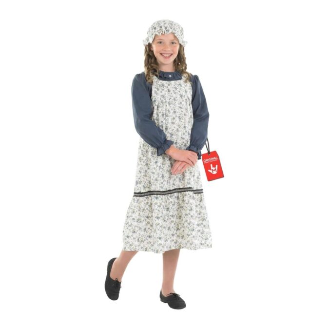 Girl wearing the MorphCostumes Girls Victorian Schoolgirl Costume, a white dress with blue printed flowers over a blue long-sleeve shirt, with a white mop cap