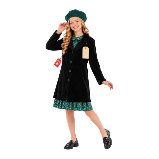 Girl wearing the MorphCostumes Girls WW2 Evacuee Dress and Coat Costume, a green floral dress under a long black coat with a green beret