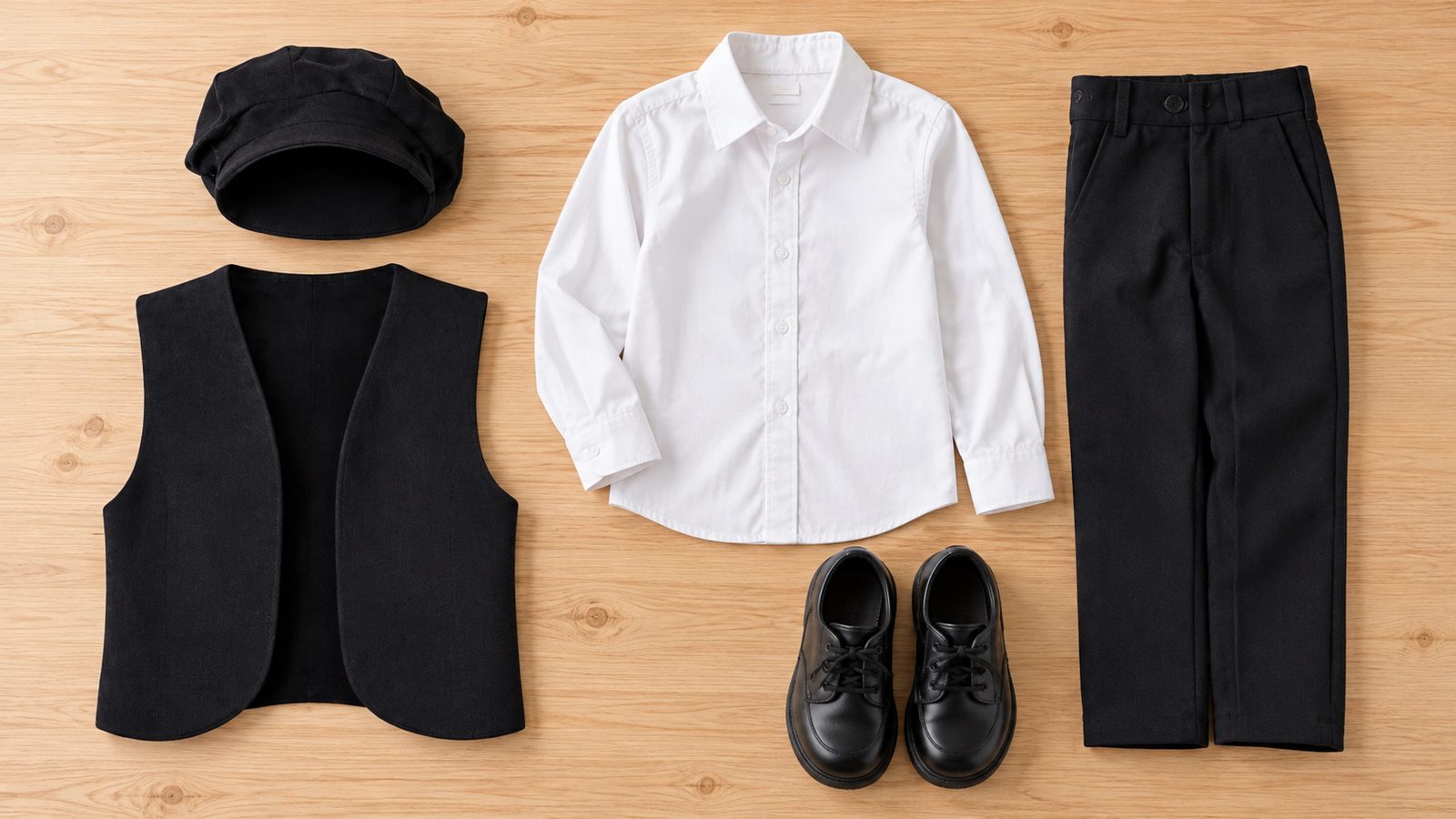 A flat lay on a wooden table of a black waistcoat and flat cap beside a white shirt, dark trousers, and a pair of black school shoes