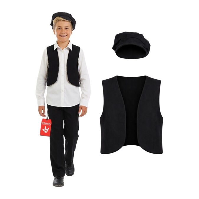 Boy wearing the MorphCostumes Kids Victorian Waistcoat and Cap, a black waistcoat and flat cap over a white shirt and black trousers
