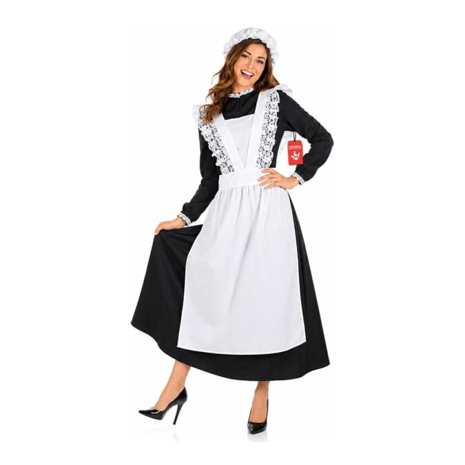 Woman wearing the MorphCostumes Women's Old Time Victorian Maid Costume, a long black dress with a laced white apron and a white mop cap