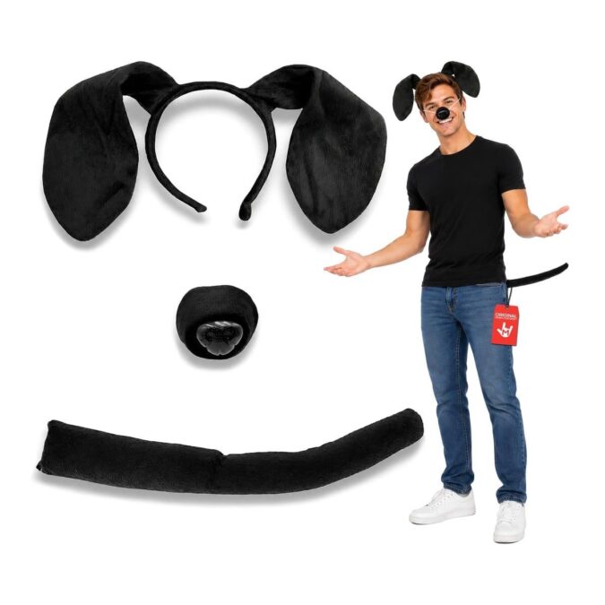 Adult Dog Ears and Tail Set from MorphCostumes, black dog ears on a headband with a novelty nose and a bendable tail