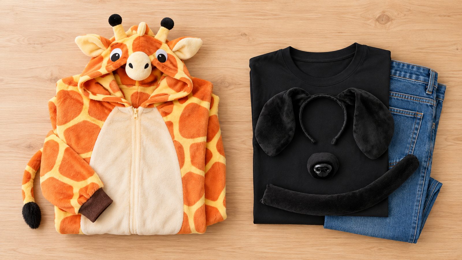 Flat lay of a folded giraffe-print onesie beside a black t-shirt and jeans topped with a dog ears headband, nose and tail