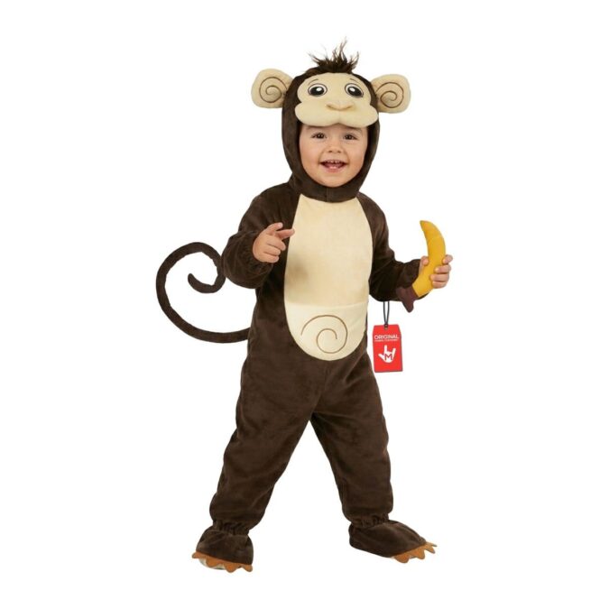Boys Monkey Onesie Costume from MorphCostumes, a brown plush hooded onesie with a tail, foot covers and a plush banana