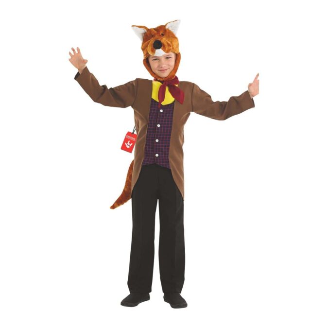 Kids fox costume from MorphCostumes, a brown tailored jacket with a checked waistcoat, a necktie and a faux fur fox headpiece