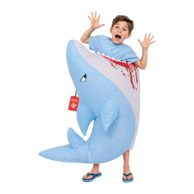 Kids Lil' Man Eating Shark Inflatable Costume from MorphCostumes, a blue inflatable shark that appears to be swallowing the wearer