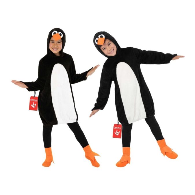 Kids Penguin Costume from MorphCostumes, a black and white hooded all-in-one penguin suit with orange feet covers