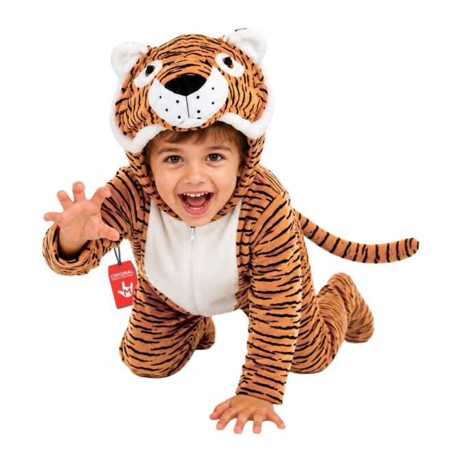 Kids Tiger Costume from MorphCostumes, an orange and black striped hooded all-in-one with a tail and a white chest panel