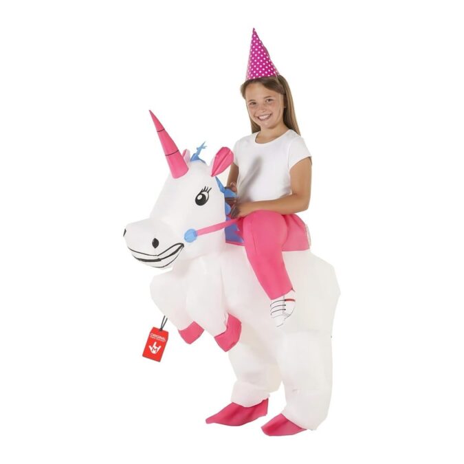 Kids Unicorn Ride On Inflatable Costume from MorphCostumes, a white inflatable unicorn with a pink horn that a child appears to ride