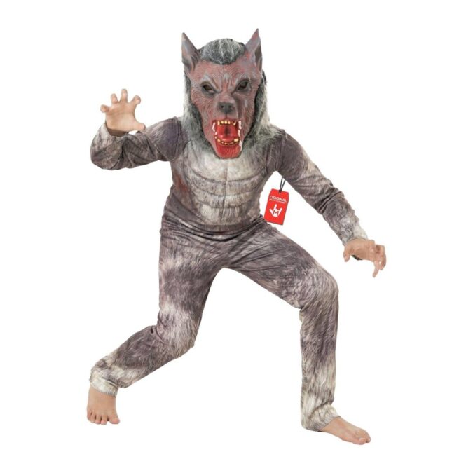 Kids Deluxe Werewolf Costume from MorphCostumes, a grey fur-print muscle top and trousers with a 3D werewolf mask