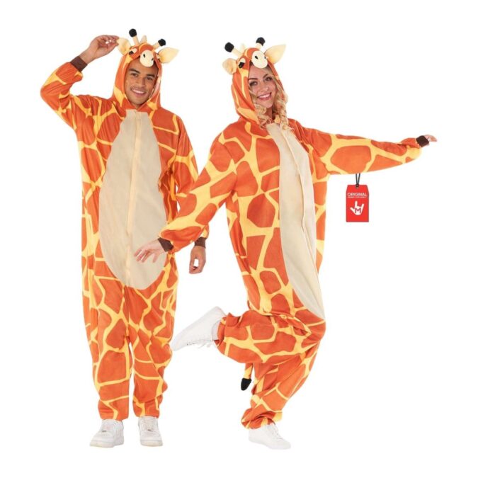 Men's Giraffe Onesie Costume from MorphCostumes, an orange giraffe-print hooded fleece onesie with a tail, nose and horns