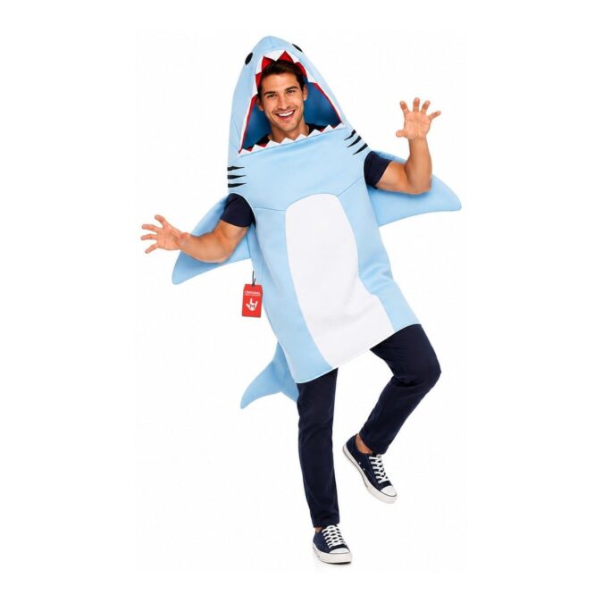 Mens Shark Costume from MorphCostumes, a light blue all-in-one shark suit worn with the shark's open mouth framing the face