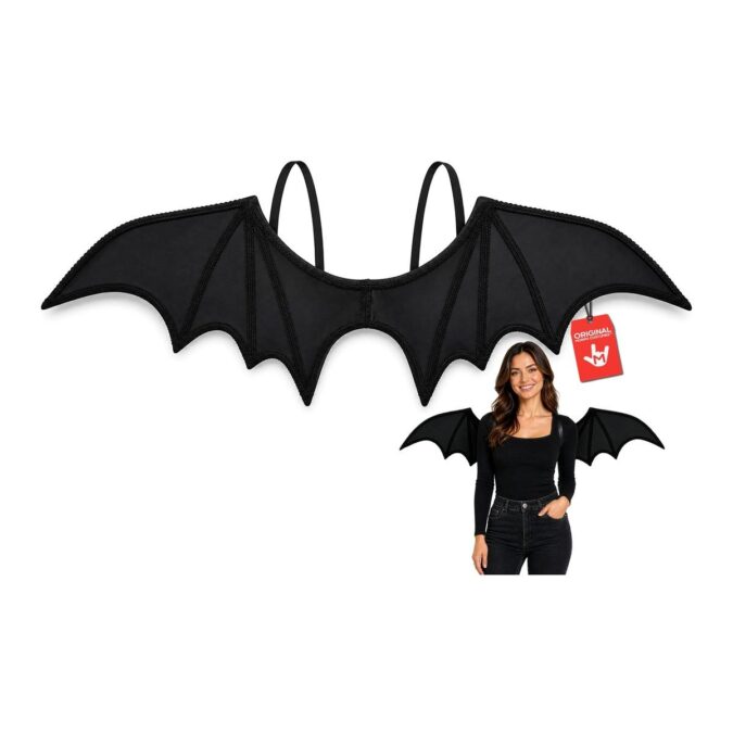 Adult Black Bat Wings from MorphCostumes, black felt wings on a wire frame with a scalloped edge and two elastic shoulder loops