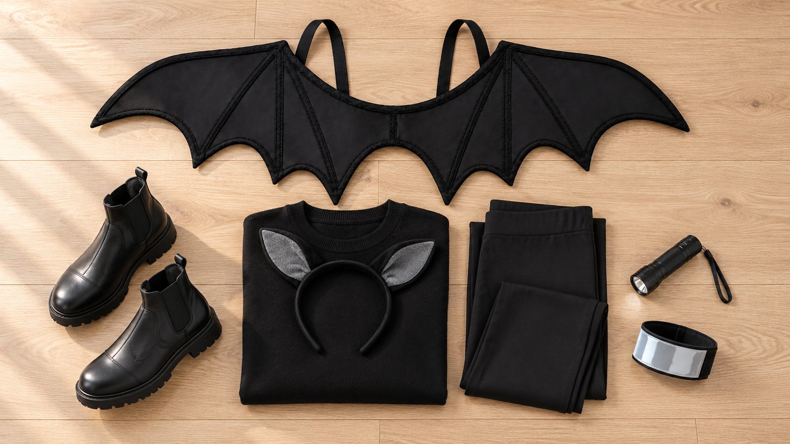 Flat lay of black bat wings and an ears headband on a black jumper and leggings with ankle boots, a small torch and a reflective armband