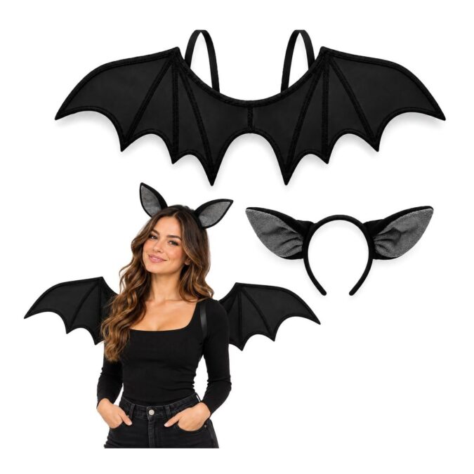 Bat Wings and Ears Headband Set from MorphCostumes, black fabric bat wings with shoulder loops and a headband with black ears lined in grey