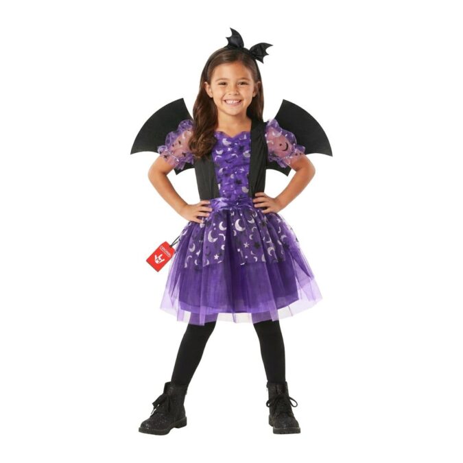 Girls Purple Bat Costume from MorphCostumes, a purple layered dress with a silver moon and star print, black bat wings at the shoulders and a bat headband