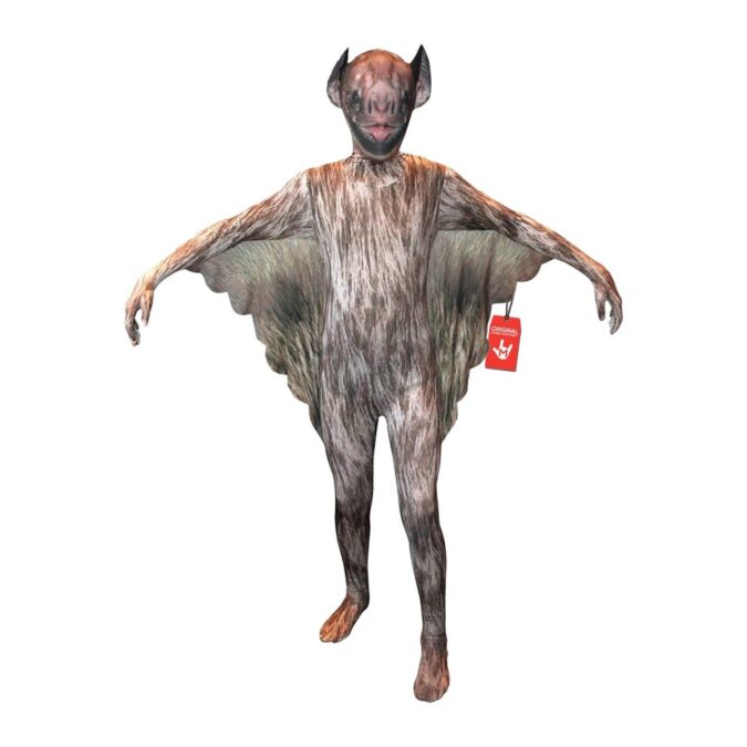 Kids Vampire Bat Morphsuit from MorphCostumes, a full-body suit printed with brown and grey bat fur, a bat face on the hood and wing webbing under the arms
