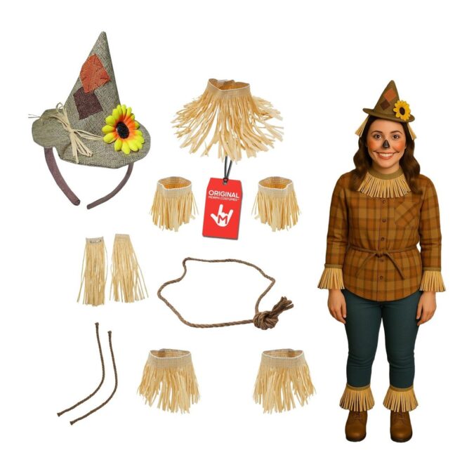 Adult Scarecrow Hat and Straw Kit Accessory Set from MorphCostumes, a mini scarecrow hat with patches and a sunflower on a headband, with a straw neck piece, cuffs and a rope belt
