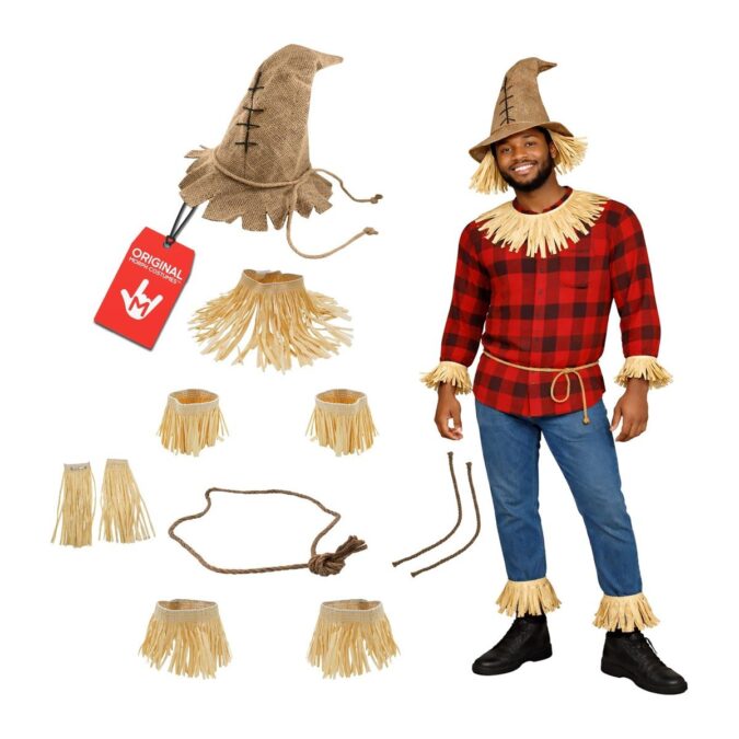 Adult Scarecrow Hat and Straw Kit Bundle from MorphCostumes, a stitched burlap pointed hat with raffia straw collar, wrist cuffs, ankle cuffs and a rope belt worn over a red checked shirt and jeans