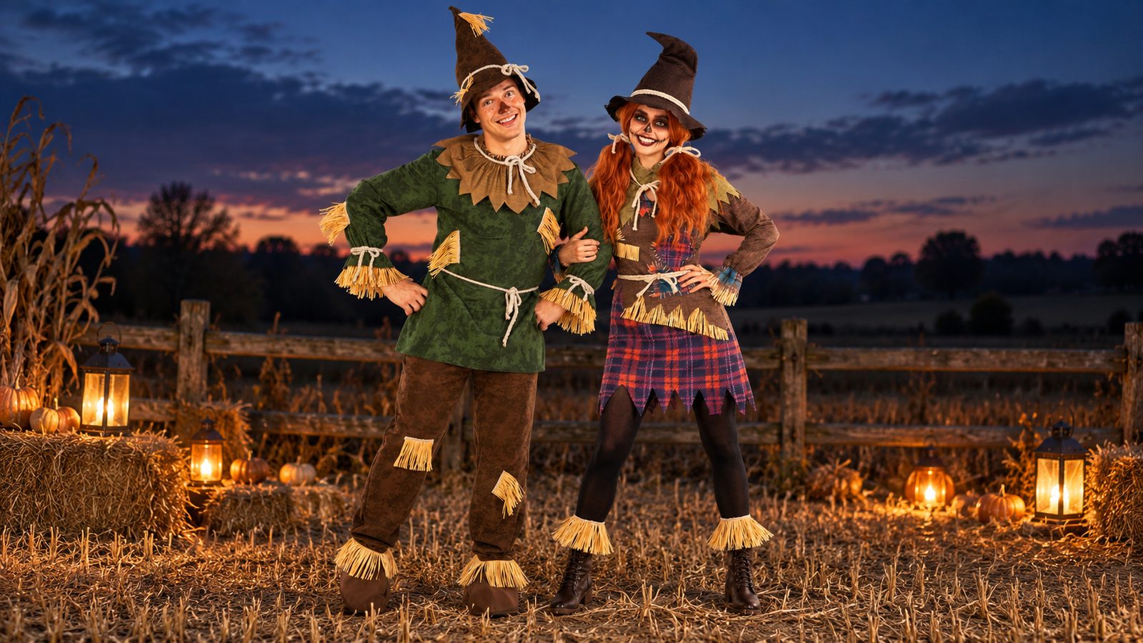 Two adults in scarecrow costumes side by side at dusk in a field, one in a friendly look with a green tunic and rosy painted cheeks, the other in a plaid patch dress with stitched-smile make-up