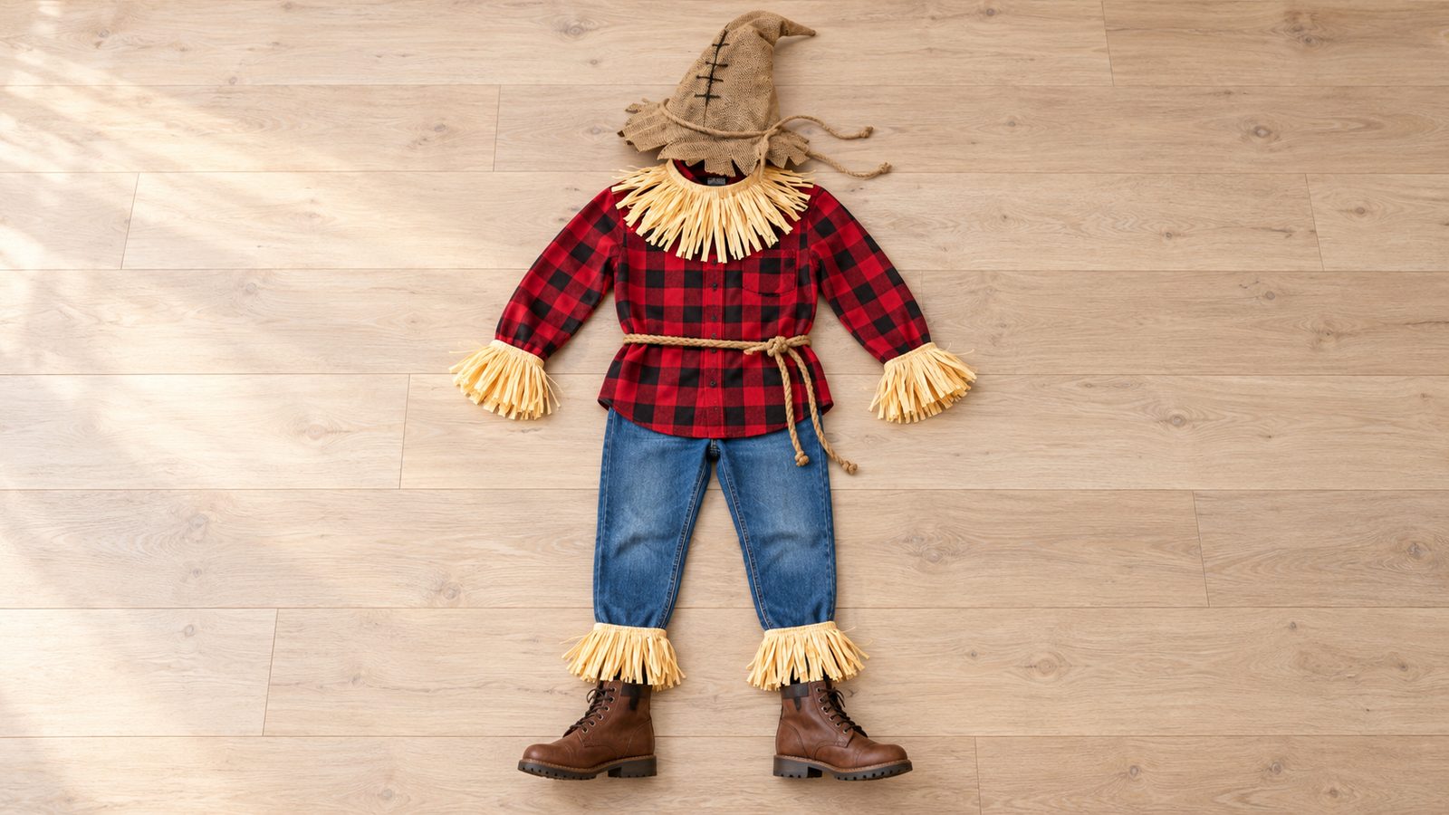Flat lay of a red checked shirt, blue jeans and brown boots with a burlap scarecrow hat, a straw collar, straw cuffs and a rope belt laid on top